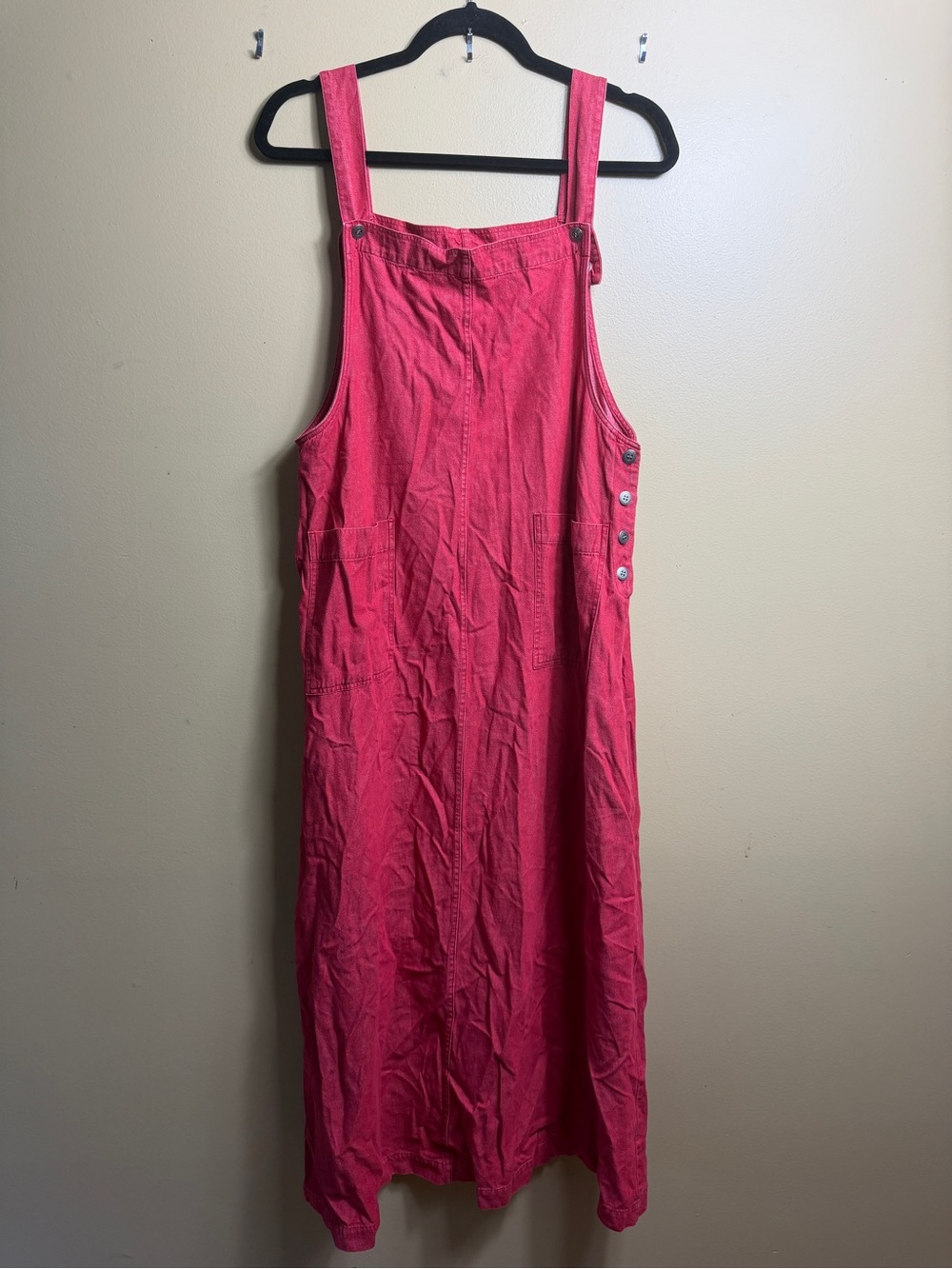 Vtg 90s Susan Bristol Red Cotton Denim Overall Jumper Dress Size 16
